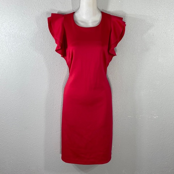 Tommy Hilfiger Raspberry Pink Scuba Stretch Ruffle Sleeeve Sheath Dress 10 - Picture 5 of 10